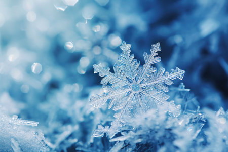 This close-up photograph captures the intricate details of a snowflake resting on a vibrant blue background, Macro image capturing the beauty of snowflakes, AI Generatedの素材