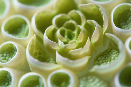 This close-up photo captures the intricate details of a green and white flower, showcasing its delicate petals and vibrant colors, Macro image of succulent plant cells, AI Generatedの素材