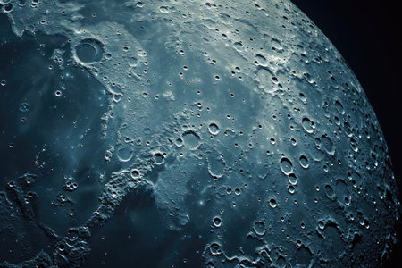This close-up photo showcases the textured surface of the moon, highlighting its craters and scattered rocks, Macro image of the moon's craters, AI Generatedの素材