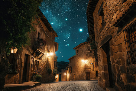 A cobblestone street illuminated by street lamps beneath a starry night sky, Medieval buildings at night under a starry sky, AI Generatedの素材