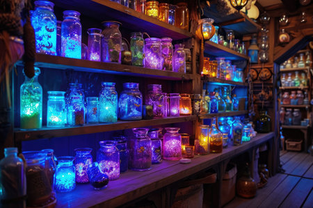 A room filled with a multitude of glass jars, each containing a source of light, creating a captivating display, Magical potion shop filled with colorful, glowing jars, AI Generatedの素材