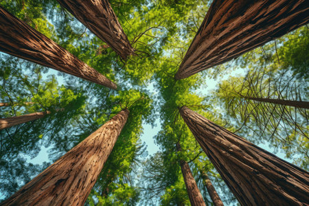 A group of tall trees, with their branches reaching towards the sky, stand closely clustered together in a dense forest, Majestic redwood trees reaching towards the sky, AI Generatedの素材