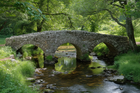 A stone bridge gracefully arches over a gently flowing stream amidst a thick forest, Medieval stone bridges crossing a quiet creek, AI Generatedの素材