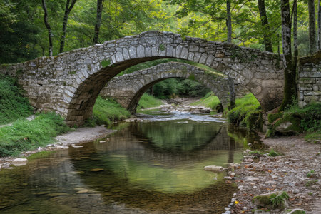 A stone bridge provides passage over a serene small stream flowing through a forest, Medieval stone bridges crossing a quiet creek, AI Generatedの素材