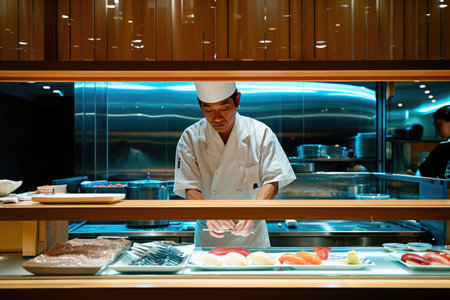 A skilled chef is meticulously preparing food in a busy kitchen, working behind a well-organized counter, Meticulously clean sushi restaurant kitchen without chefs, AI Generatedの素材
