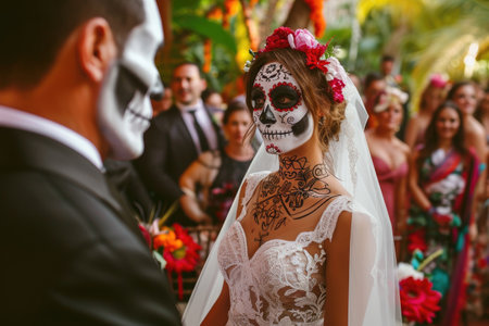 A man and woman at a wedding, wearing face paint and showcasing their unique designs, Mexican 'Day of the Dead' themed wedding, AI Generatedの素材