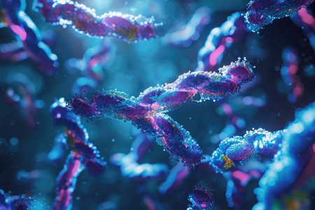 A collection of various blue and purple colored objects neatly arranged on a table, Microscopic view of chromosomes in the process of replication, AI Generatedの素材