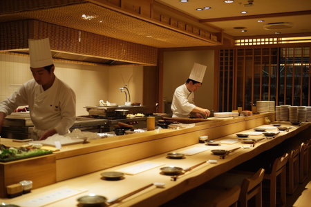 Two professional chefs diligently working together to prepare food in the bustling kitchen of a restaurant, Meticulously clean sushi restaurant kitchen without chefs, AI Generatedの素材