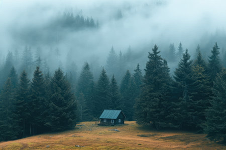 A cabin nestled among the trees in the middle of a vast field, Misty hills with a small cabin amidst tall trees, AI Generatedの素材