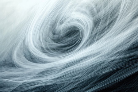 This black and white photo captures the intricate and dynamic swirling pattern, Motion representation using abstract lines and curves illustrating a windy day, AI Generatedの素材