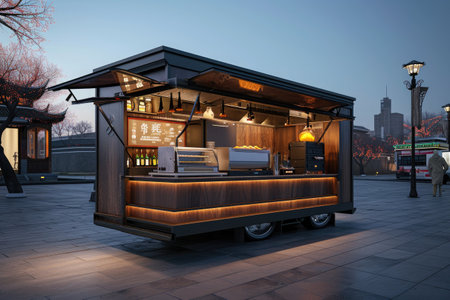 A brightly lit food cart stands in the darkness of the night, attracting customers with its inviting glow, Modern Asian fusion food truck in a city square, AI Generatedの素材