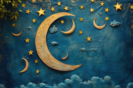 A painting depicting a crescent and stars on a vibrant blue background, Moon and stars theme for a night owl's birthday, AI Generatedの素材