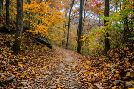 A trail in the woods covered with colorful leaves creating a vibrant autumn scene, Mountain nature trail with fall foliage, AI Generatedの素材