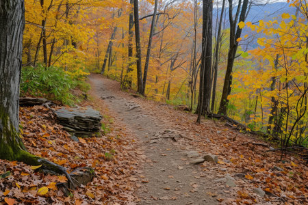 A trail in the woods covered in a thick layer of colorful autumn leaves, Mountain nature trail with fall foliage, AI Generatedの素材