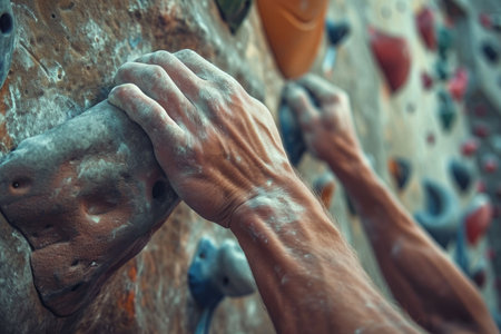 An up-close image capturing a person actively climbing on a rock wall, Muscular hands gripping onto a climbing wall, AI Generatedの素材