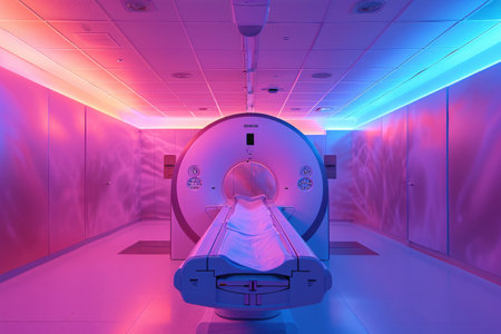 A visually striking room filled with an abundance of bright pink and blue lights, MRI scan in vibrant abstract shades, AI Generatedの素材