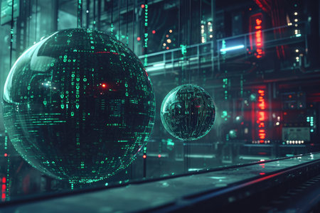 A futuristic space station stands in the background with a large sphere dominating the foreground, Mysterious holographic data orbs in a cybernetic lab, AI Generatedの素材