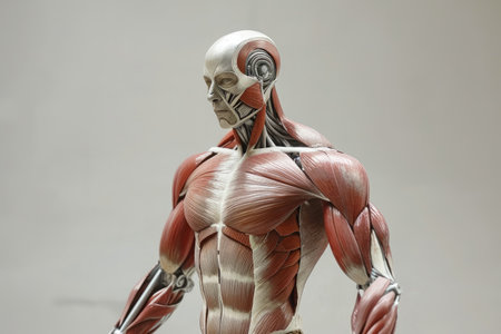 A detailed model of a human body, with muscles highlighted, showcasing the intricacies of the musculoskeletal system, Muscular system represented in the style of a robot, AI Generatedの素材