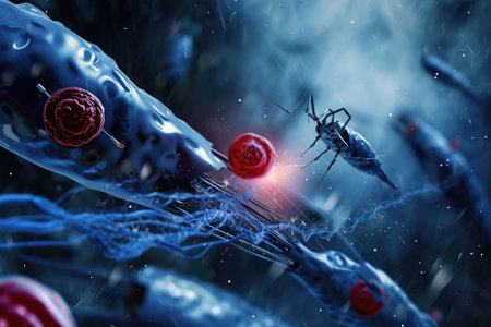 A computer-generated image depicting a bug aggressively attacking a human in an intense encounter, Nanobots repairing biological tissue, AI Generatedの素材