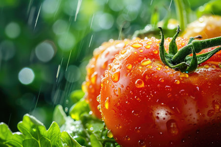 A detailed image showcasing a tomato up close, highlighting the water droplets on its surface, Nano-coating for food preservation, AI Generatedの素材