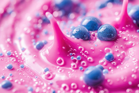 This photo shows a close-up of a liquid with pink and blue colors, featuring swirling and popping bubbles on its surface, Nanoemulsions in food science, AI Generatedの素材