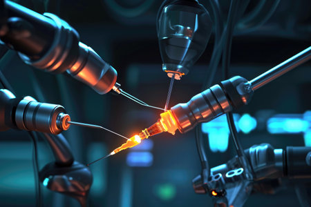 A detailed, close-up photograph of an intricately designed silver circuit board with visible wires and electronic components, Nanobots carrying out a medical procedure, AI Generatedの素材