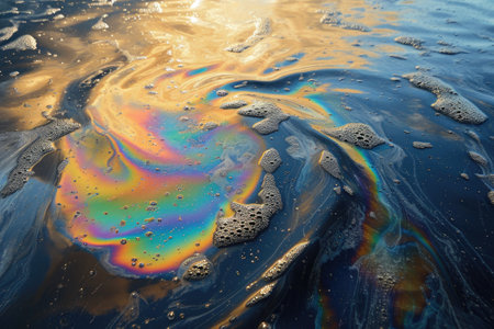 A vibrant and multi-colored substance drifts and floats effortlessly on the surface of a body of water, Nanoparticles cleaning oil spill, AI Generatedの素材