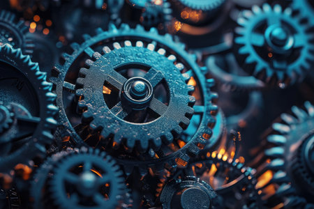 A close up photograph showcasing the intricate arrangement of gears in a mechanical device, Nanoscale gears and cogs interconnected, AI Generatedの素材