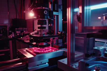 A precision robotic arm efficiently welds metal pieces together in a busy industrial workshop, Nanosensors scanning environment, AI Generatedの素材