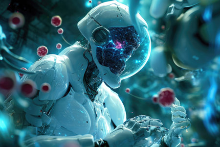 A person wearing a white suit holds a cell phone in their hand, Nanorobot surgeons within the human body, AI Generatedの素材