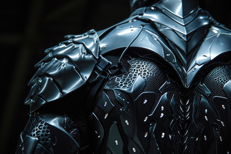 A detailed close-up photo capturing the intricate armor worn by a person, Nanoparticle-infused armor, AI Generatedの素材