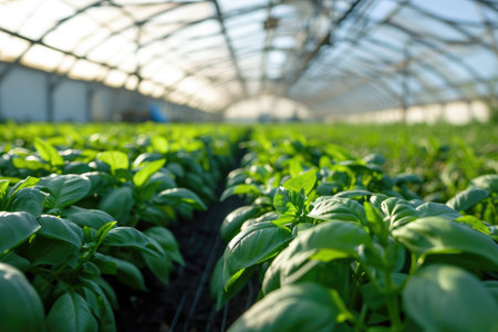 A vibrant greenhouse featuring an abundance of green plants of different species and sizes, Nanotechnological revolution in agriculture, AI Generatedの素材