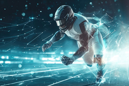 A male football player wearing a uniform is captured in motion as he runs on the field, Nanotech in sports gear enhancements, AI Generatedの素材
