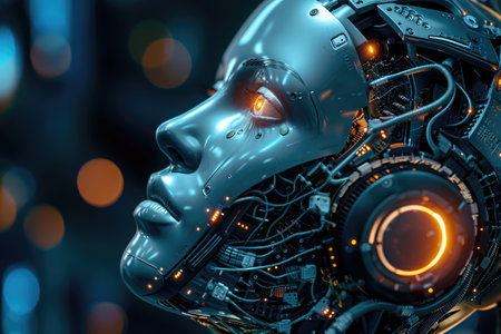A close-up photo of a robot head featuring glowing eyes and wearing headphones, Nanotech advancements in AI, AI Generatedの素材