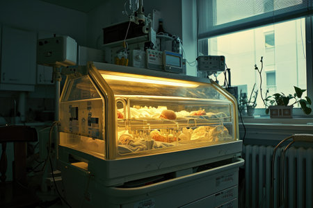 A display case filled with a variety of delicious and freshly prepared food items, enticing customers with its vibrant and appetizing display, Neonatal incubator in a brightly lit room, AI Generatedの素材