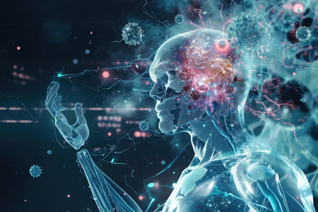 A computer-generated image of a human head and brain showcasing intricate anatomical details, Nanotechnology used in future healthcare, AI Generatedの素材