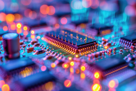 This close up photo captures the intricate details and components of a computer circuit board, Nano-transistors on a microchip, AI Generatedの素材