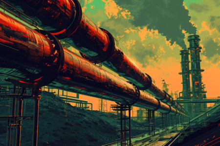 A detailed painting depicting a network of pipes within a bustling factory setting, Neo-futuristic depiction of industrial pipelines, AI Generatedの素材