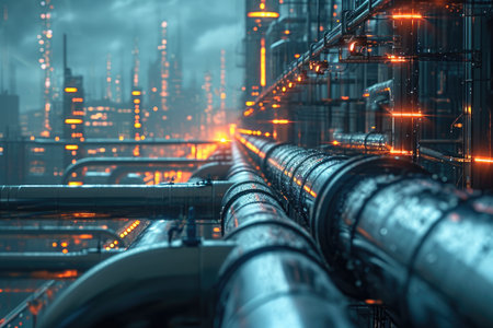 A photo showcasing a bustling futuristic city at night illuminated by neon lights, dominated by a complex network of pipes, Neo-futuristic depiction of industrial pipelines, AI Generatedの素材