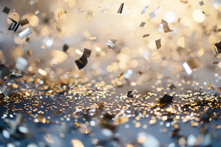 A joyful scene captured as numerous gold and silver confetti pieces rain down, creating a festive atmosphere, New Year's Eve celebration filled with silver and gold confetti, AI Generatedの素材
