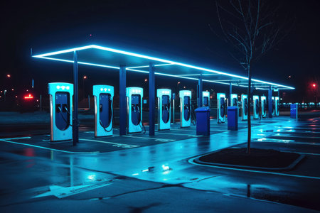 Several parking meters lined up in a tidy row on a city street, ready for public use, Nighttime view of an LED lit electric vehicle charging station, AI Generatedの素材