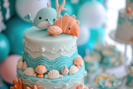 A photo of a cake adorned with a dolphin figurine on top, featuring a blue and white color scheme, Ocean-themed birthday with cute sea creatures, AI Generatedの素材