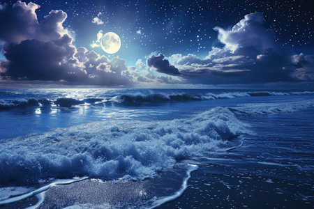 A stunning night sky adorned with clouds and stars stretches over the vast expanse of the ocean, Ocean waves in moonlight for a dreamy effect, AI Generatedの素材