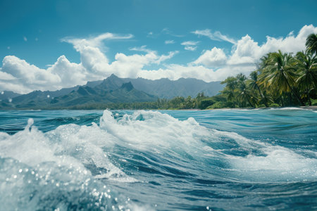 An expansive view of the ocean showcasing the clear blue water with a backdrop of lush palm trees, Ocean waves against a tropical island backdrop, AI Generatedの素材