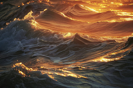 A detailed view of a wave crashing against the shore in the ocean during a mesmerizing sunset, Ocean waves lit by the setting sun, AI Generatedの素材