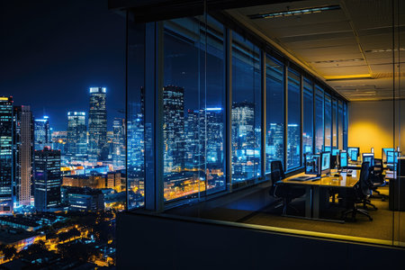 An illuminated office with large windows showing a stunning view of a city skyline at night, Office at night with city lights reflecting on the glass walls, AI Generatedの素材