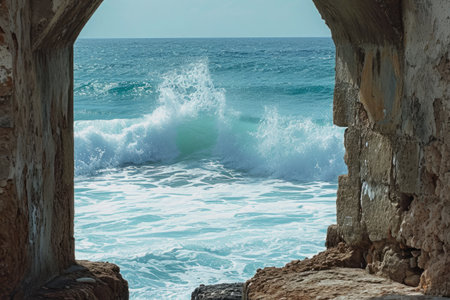 A captivating view of the ocean seen through a fascinating stone archway on a rocky coastline, Ocean waves seen from a coastal fort, AI Generatedの素材