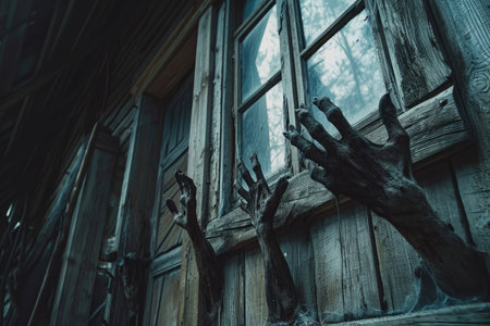A startling image of a pale, creepy hand emerging from a broken window of a derelict building, Old wooden house with creepy undead hands reaching out, AI Generatedの素材