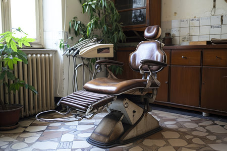 Chair Placed in a Well-Lit Contemporary Living Room, Old-fashioned dentist chair from 1900s, AI Generatedの素材