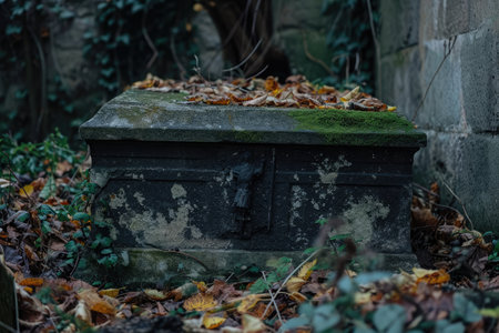 A gravestone covered in fallen leaves stands in a cemetery, creating a somber atmosphere, Old crypt in a forgotten cemetery with a vampire's coffin, AI Generatedの素材
